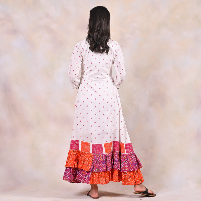 White Bandhani Angrakha Yoke Dress