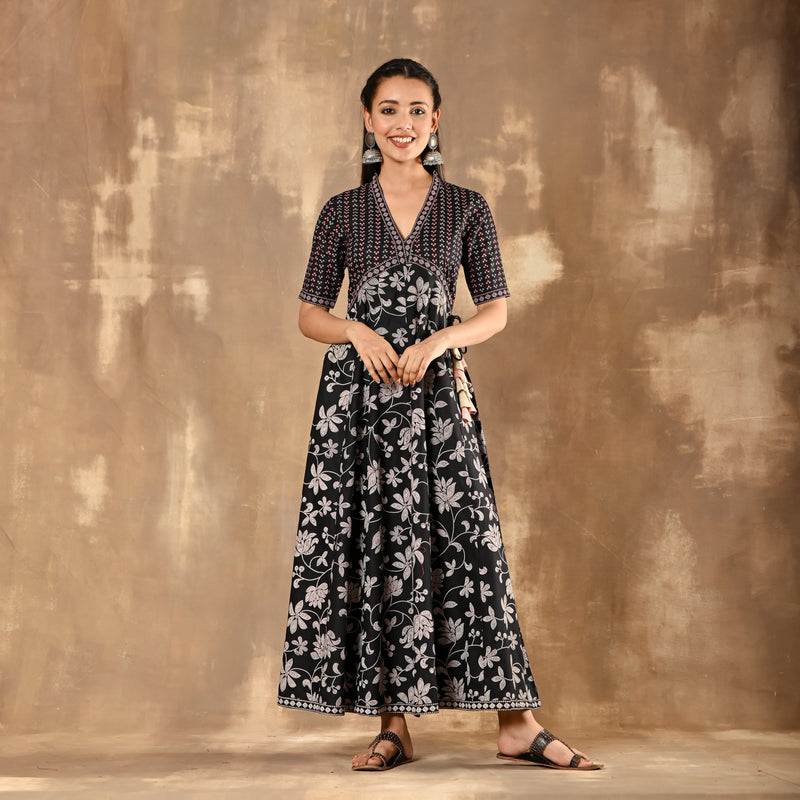 Black Bandhani Inspired Floral Dress