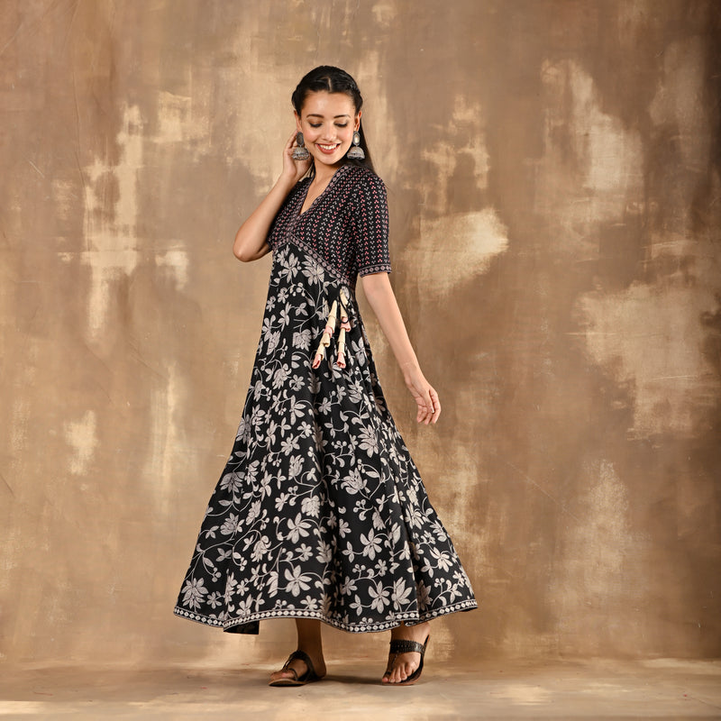 Black Bandhani Inspired Floral Dress