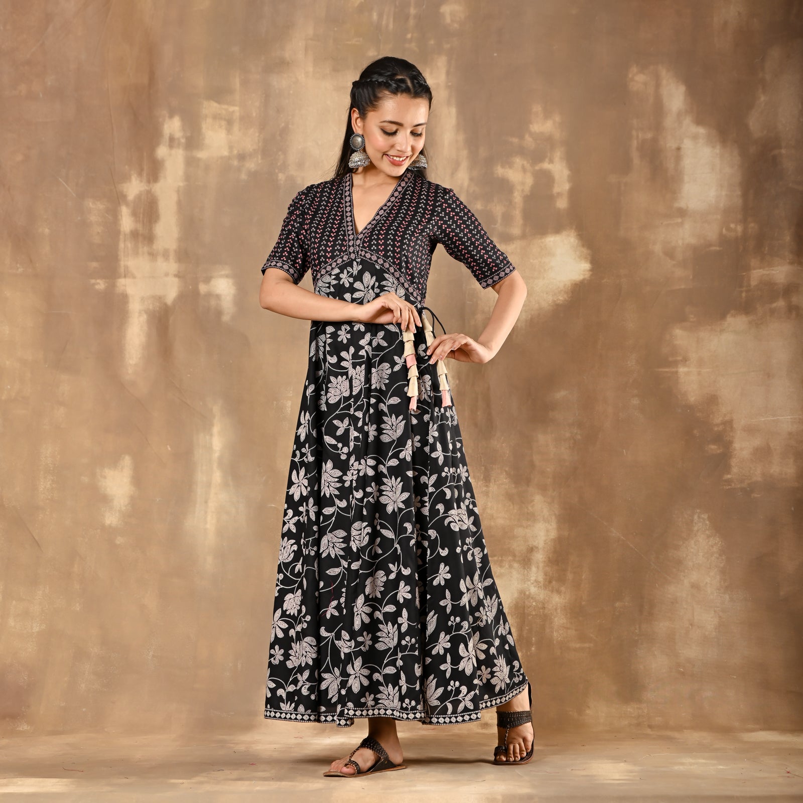 Black Chiffon Bandhani A-Line Womens Dress