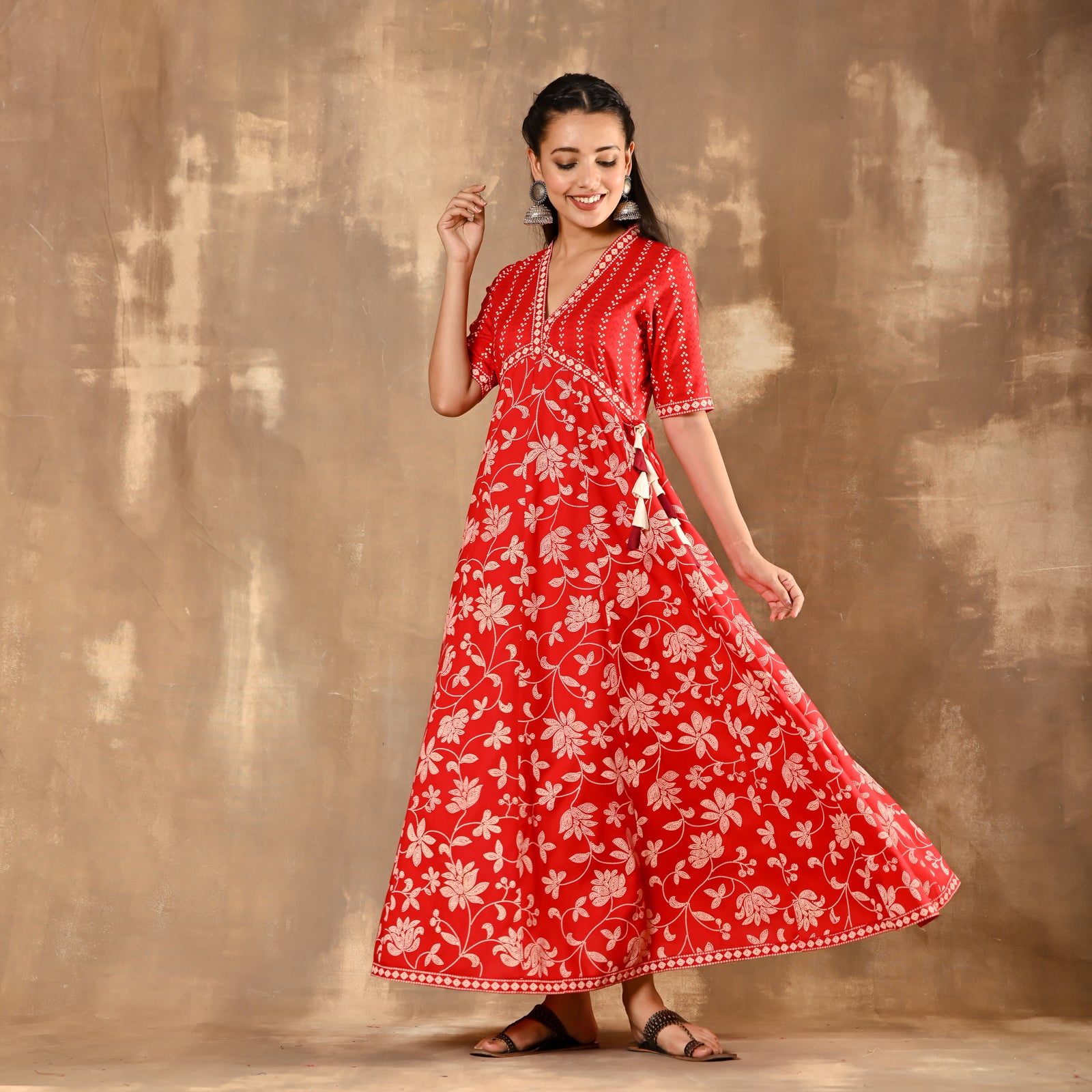 Buy Red Bandhani Inspired Flora Dress | Rustorange Buy Red Bandhani Inspired Flora Dress | Rustorange