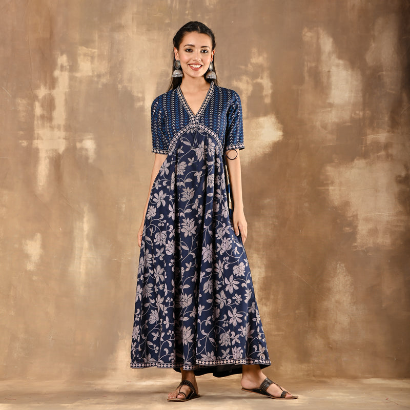 Indigo Bandhani Inspired Floral Dress