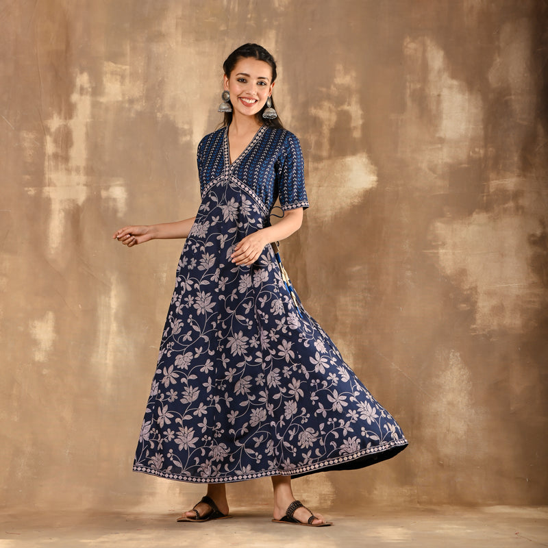 Indigo Bandhani Inspired Floral Dress