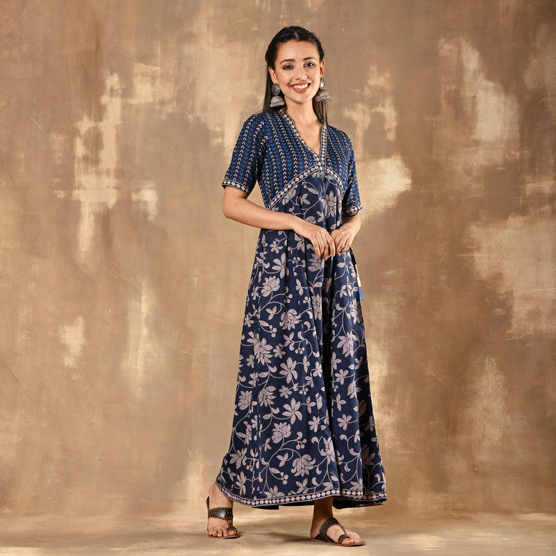 Indigo Bandhani Inspired Floral Dress