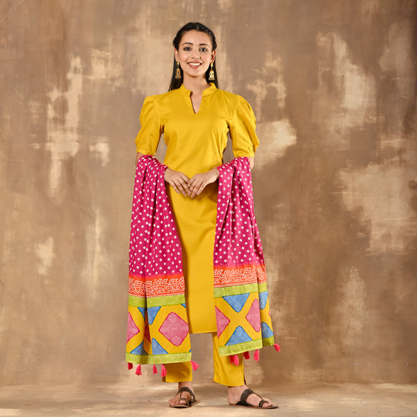 Yellow Kurta Pant Dupatta Set with Puff Sleeves