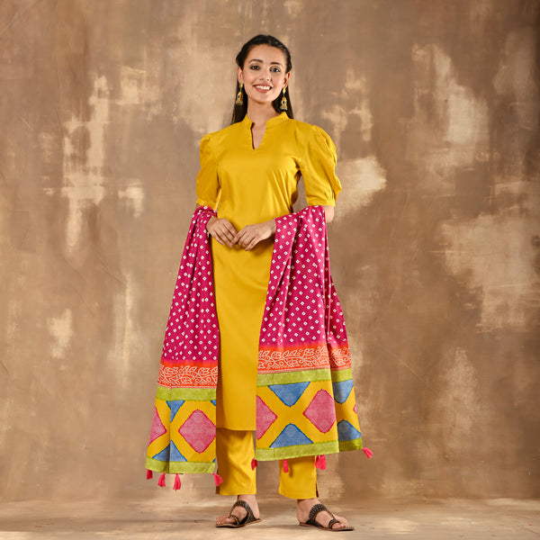 Yellow Kurta Pant Dupatta Set with Puff Sleeves