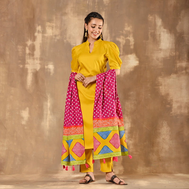 Yellow Kurta Pant Dupatta Set with Puff Sleeves