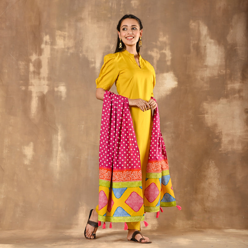 Yellow Kurta Pant Dupatta Set with Puff Sleeves