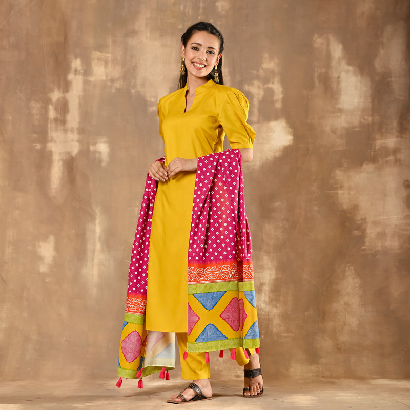 Yellow Kurta Pant Dupatta Set with Puff Sleeves