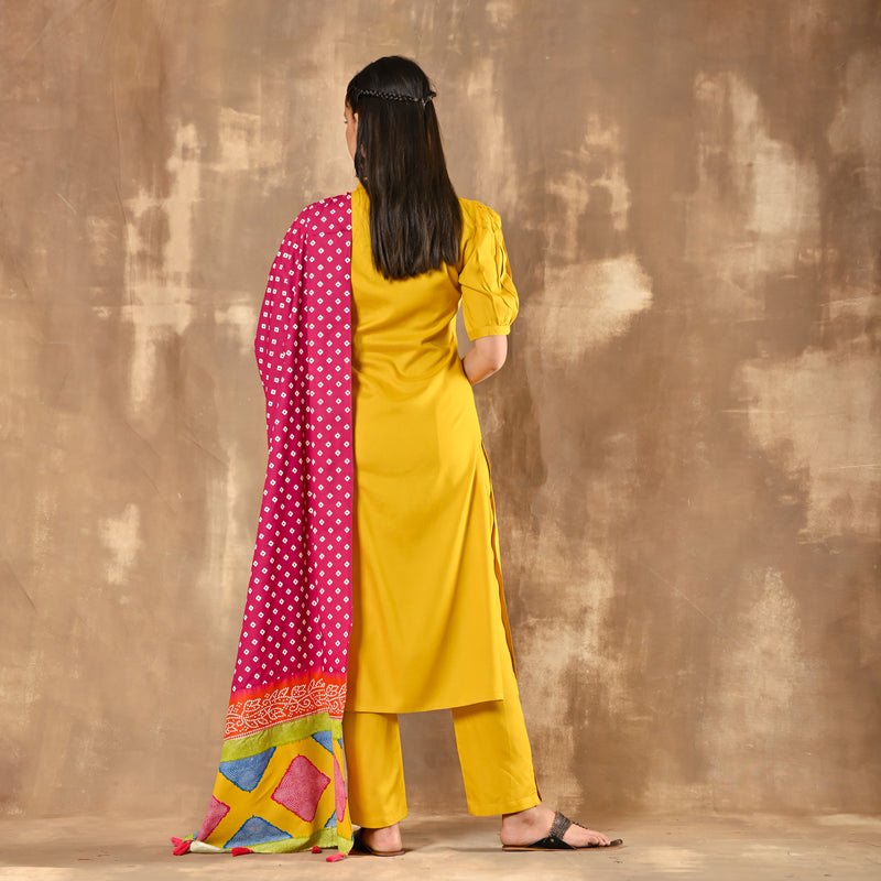 Yellow Kurta Pant Dupatta Set with Puff Sleeves