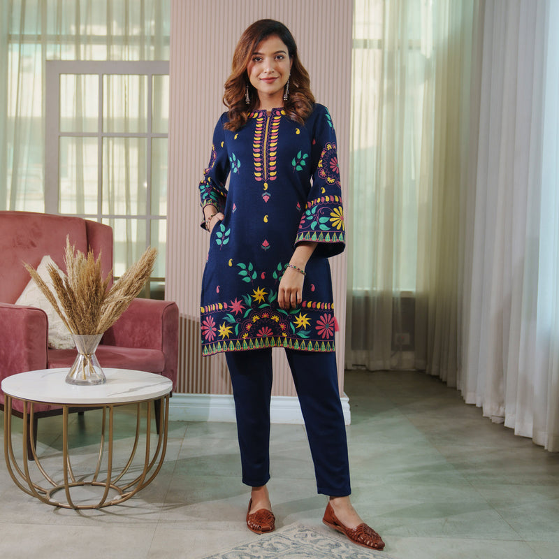 Navy Blue Acrylic Floral Kurta with Bell Sleeves