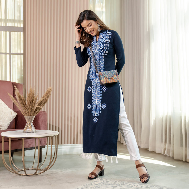 Navy Blue Acrylic Geometrical Print Kurta with Tassels Detailing