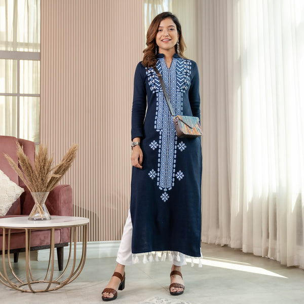 Navy Blue Acrylic Geometrical Print Kurta with Tassels Detailing