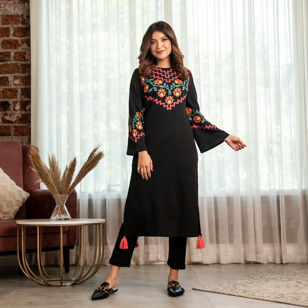 Black Acrylic Floral Kurta with Flared Sleeves