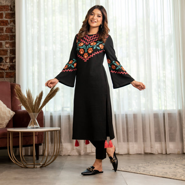 Black Acrylic Floral Kurta with Flared Sleeves