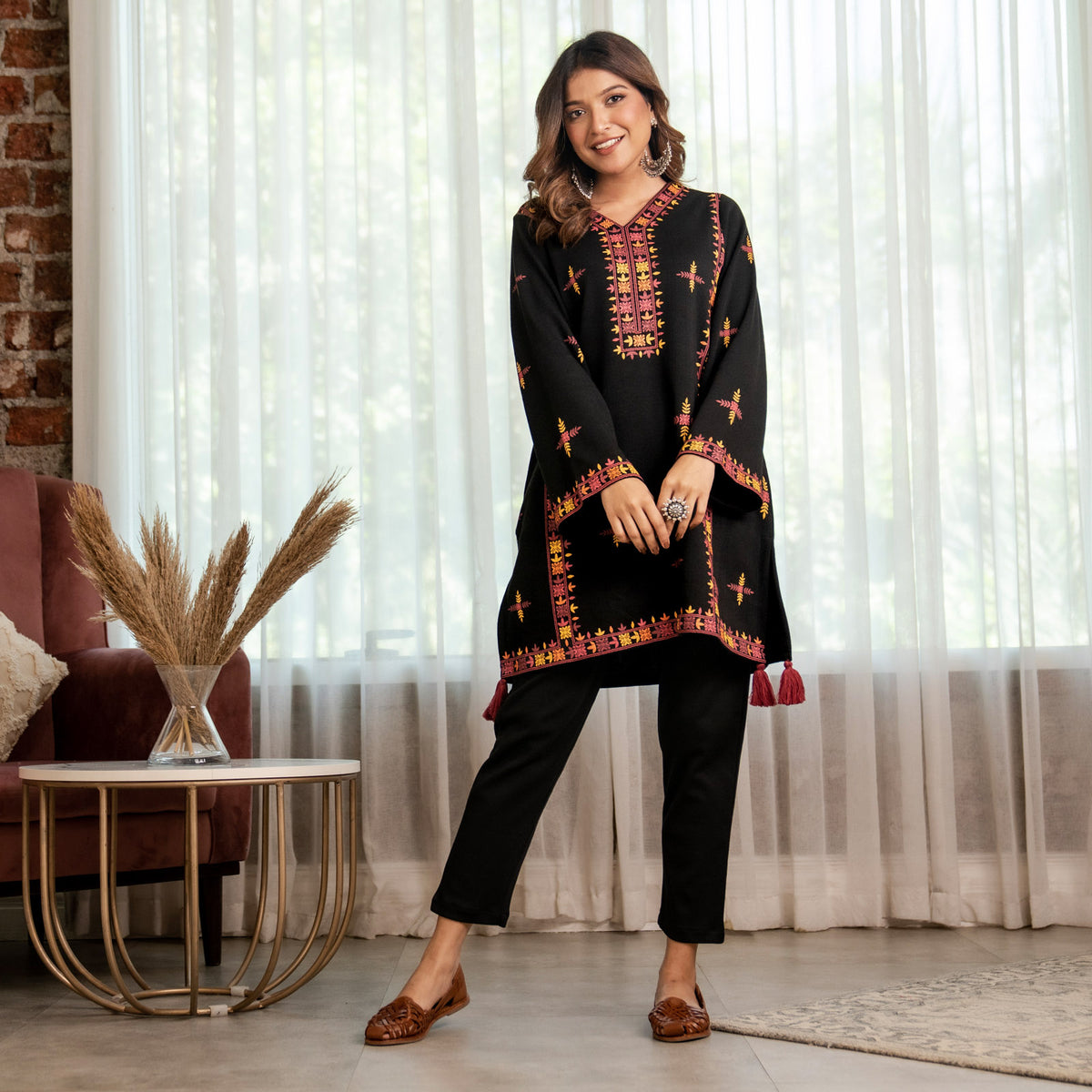 Black Acrylic Short Kurta with Tassel Detailing