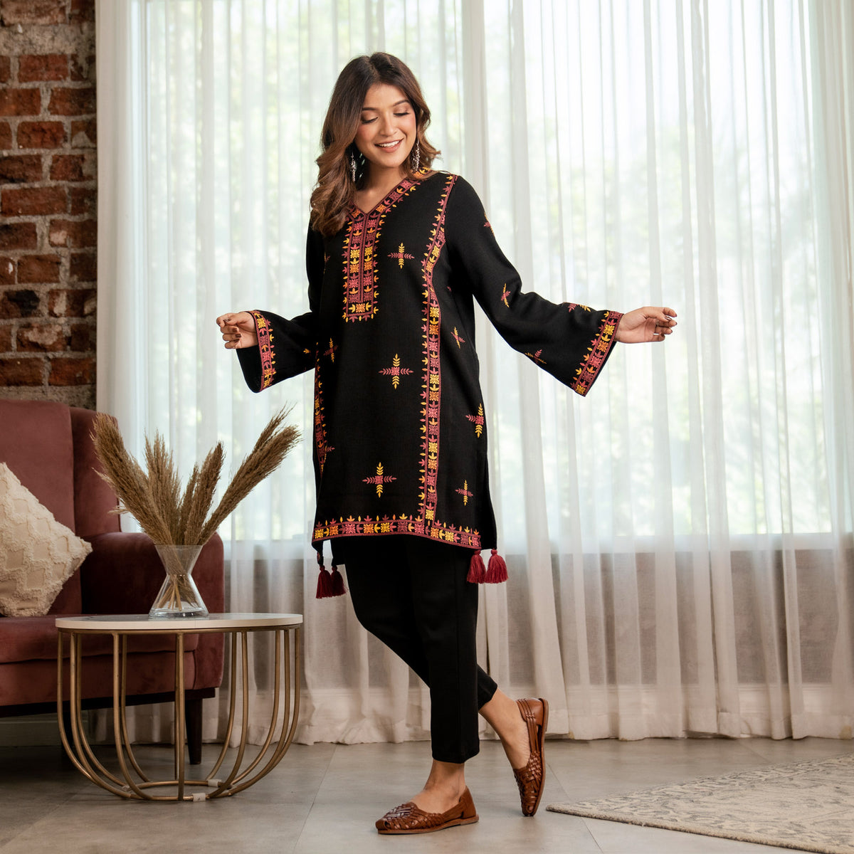 Black Acrylic Short Kurta with Tassel Detailing