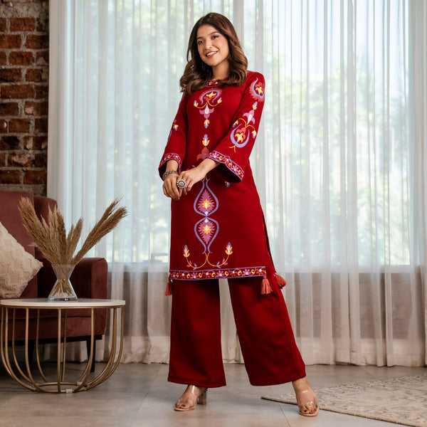 Maroon Acrylic Straight Printed Kurta with Tassel Detailing