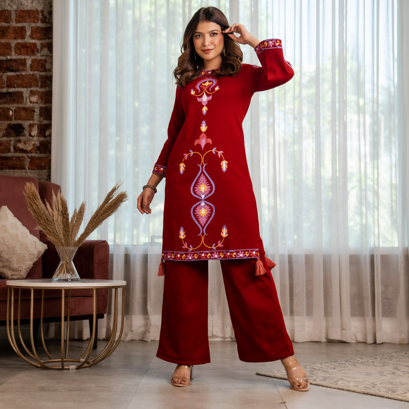 Maroon Acrylic Straight Printed Kurta with Tassel Detailing