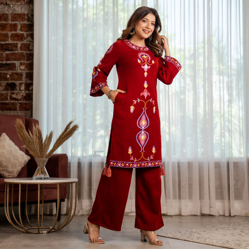 Maroon Acrylic Straight Printed Kurta with Tassel Detailing