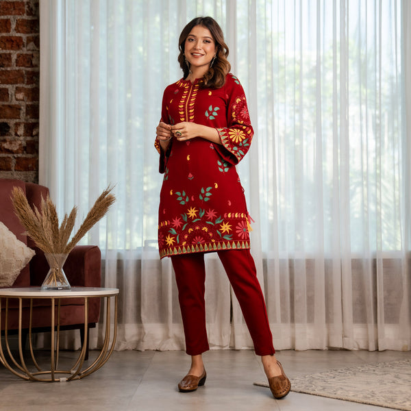 Maroon Acrylic Floral Kurta with Bell Sleeves