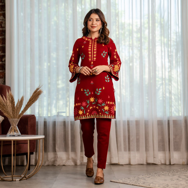 Maroon Acrylic Floral Kurta with Bell Sleeves