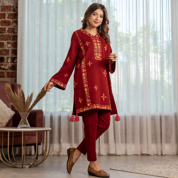 Maroon Acrylic Short Kurta with Tassel Detailing