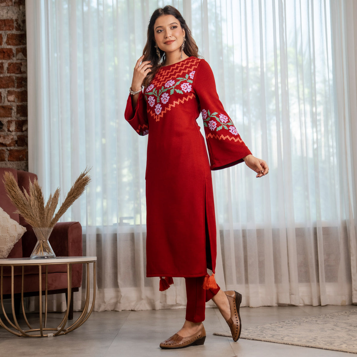Maroon Acrylic Floral Kurta with Flared Sleeves