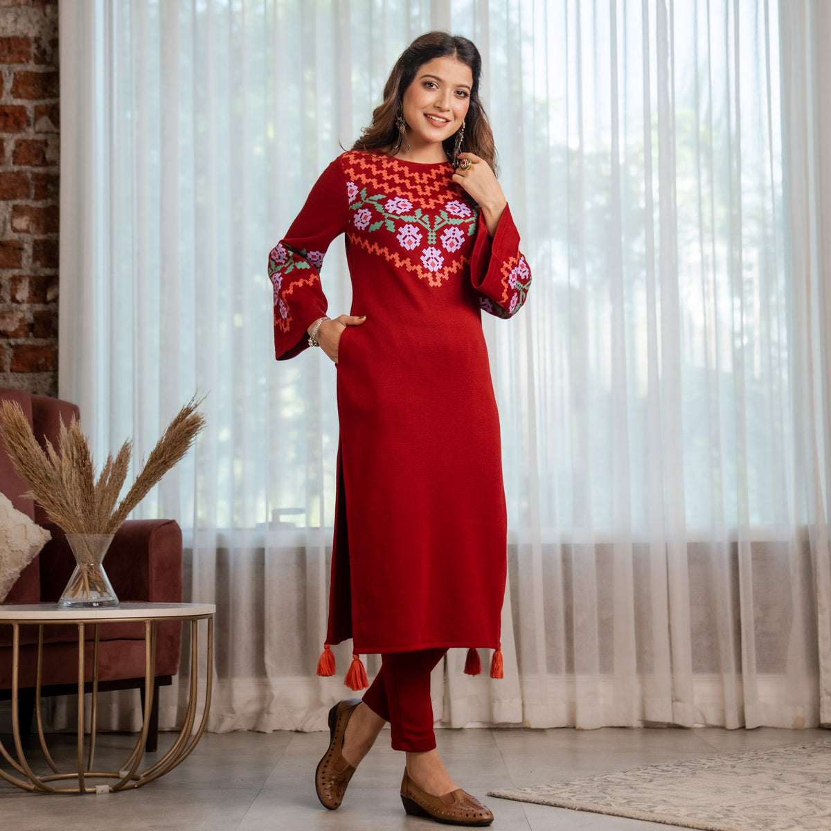 Maroon Acrylic Floral Kurta with Flared Sleeves