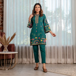 Teal Acrylic Floral Kurta with Bell Sleeves