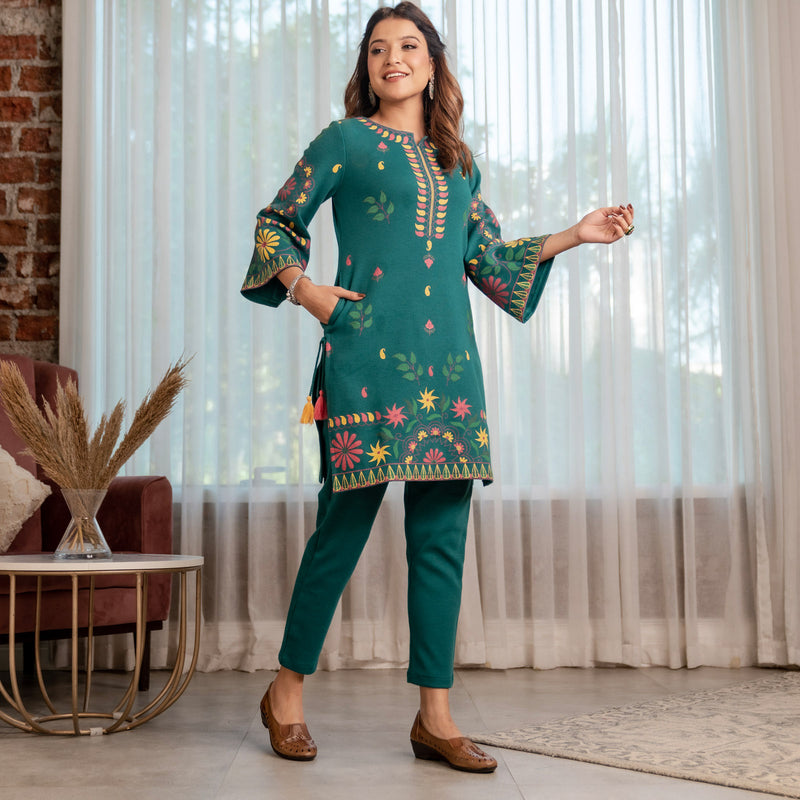 Teal Acrylic Floral Kurta with Bell Sleeves
