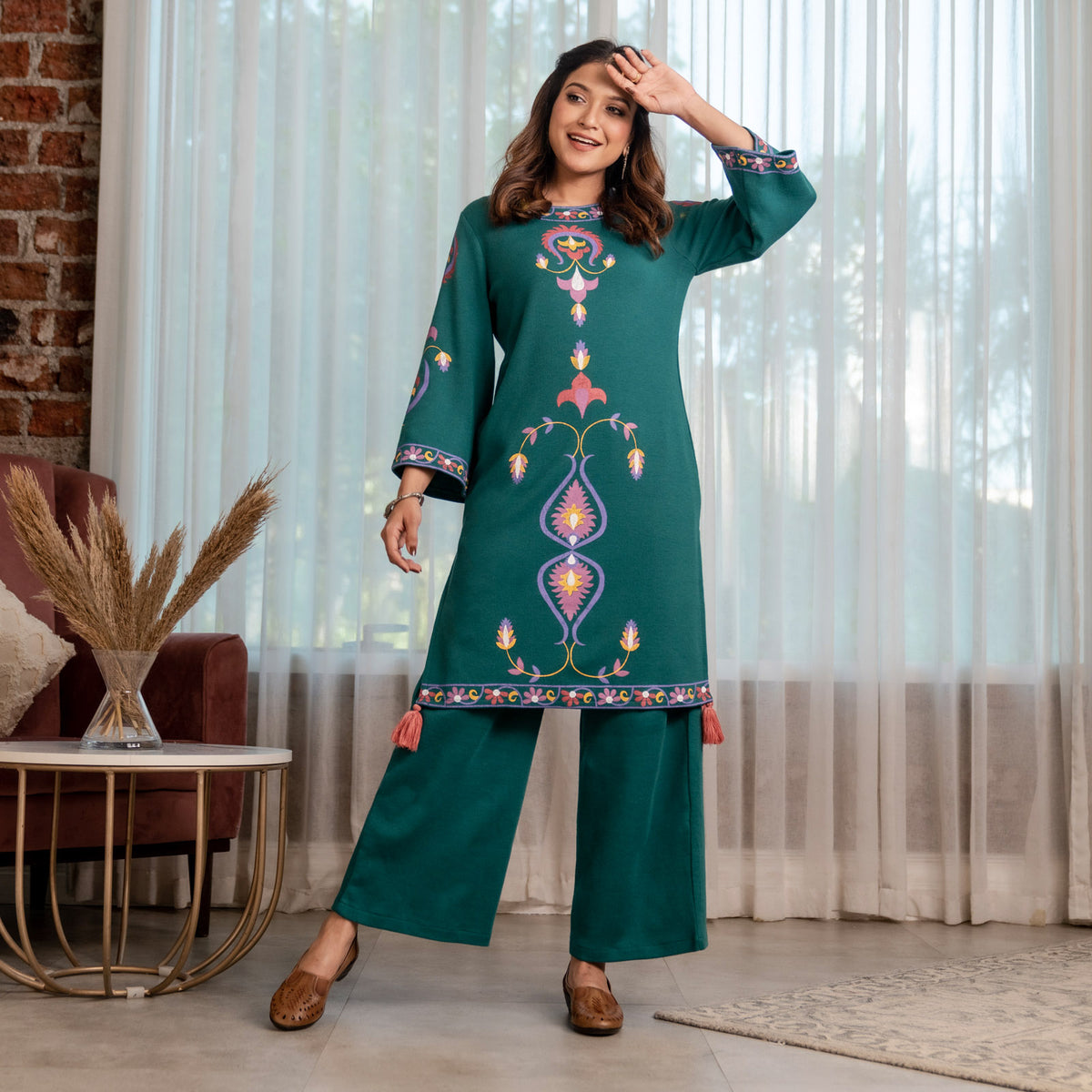 Teal Acrylic Straight Printed Kurta with Tassel Detailing