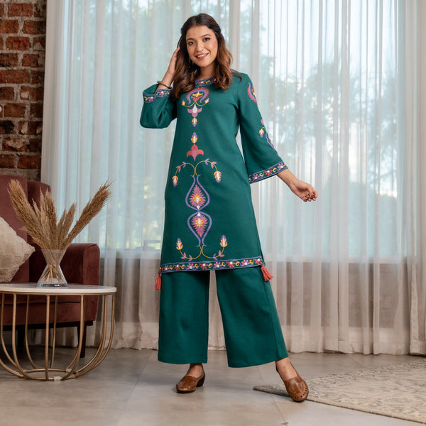 Teal Acrylic Straight Printed Kurta with Tassel Detailing