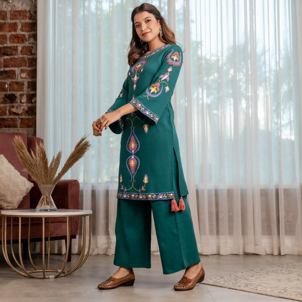 Teal Acrylic Straight Printed Kurta with Tassel Detailing