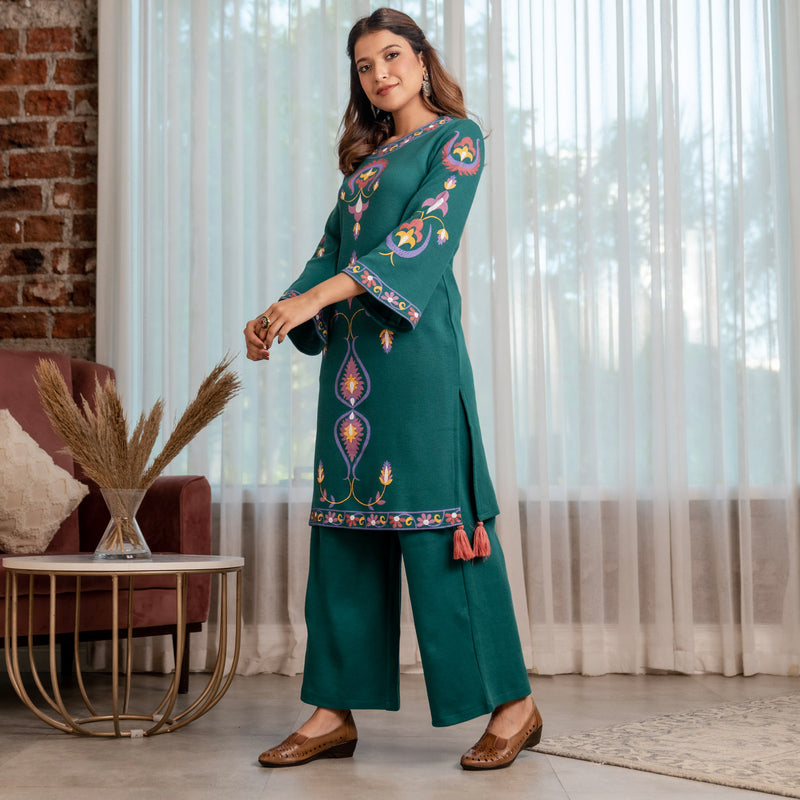 Buy Teal Acrylic Straight Printed Kurta with Tassel Detailing Rustorange