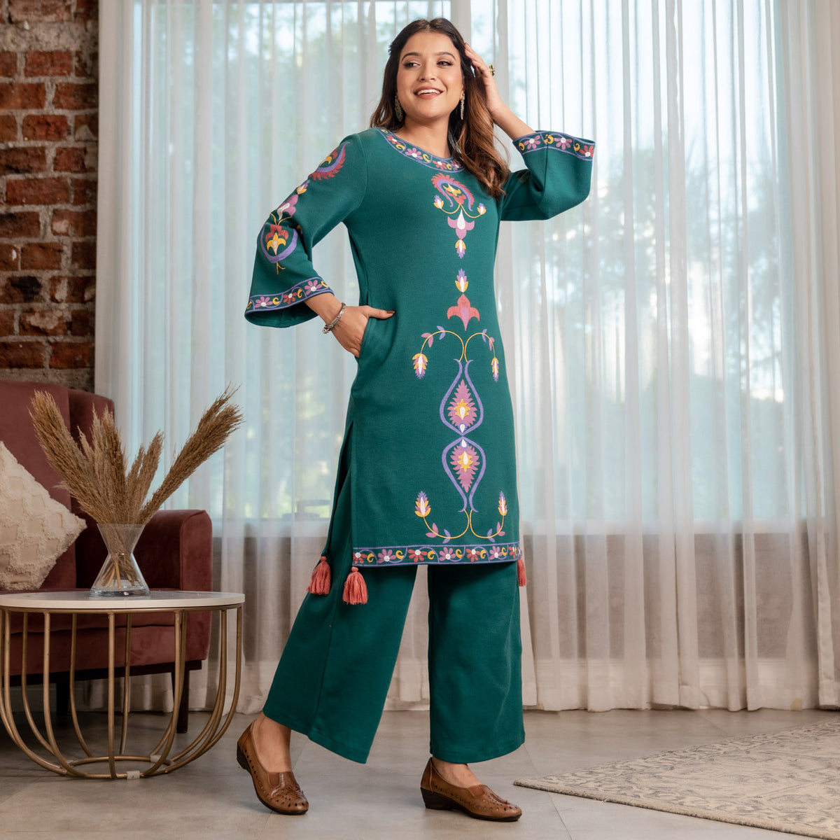Teal Acrylic Straight Printed Kurta with Tassel Detailing