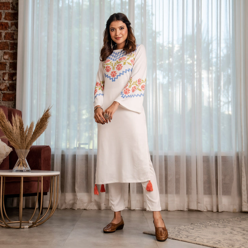 White Acrylic Floral Kurta with Flared Sleeves