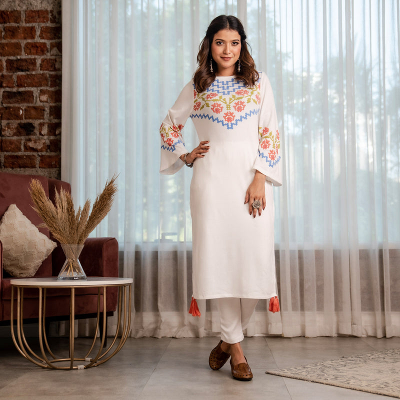White Acrylic Floral Kurta with Flared Sleeves