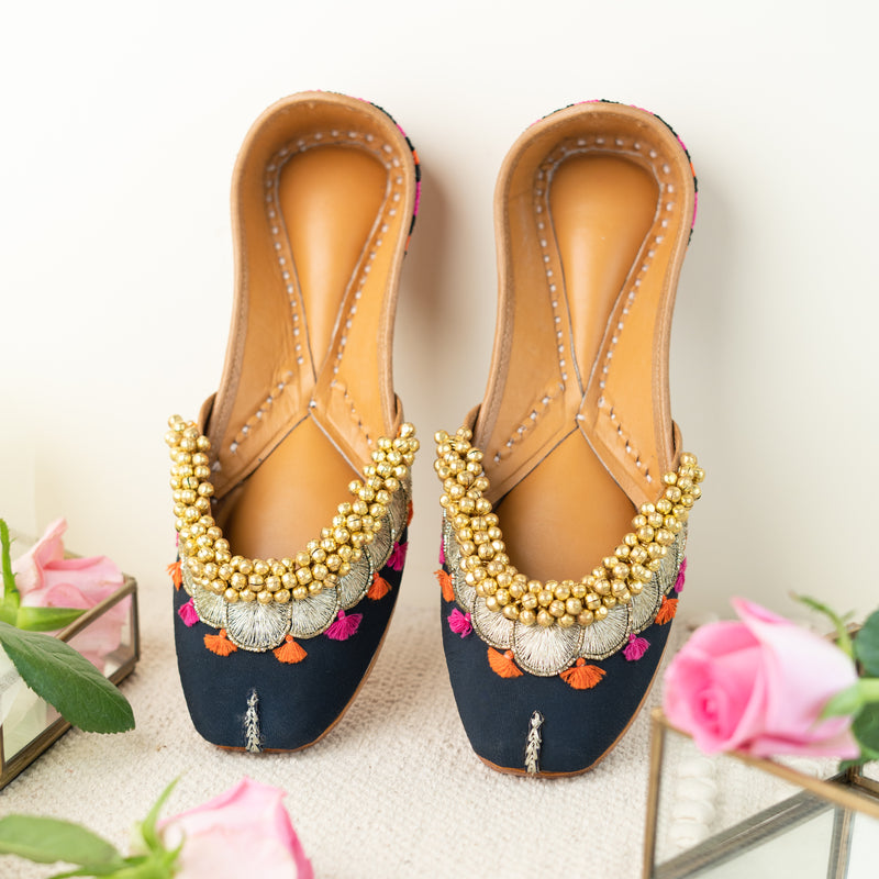 Navy Blue Embroidered Ghungroo Jutti