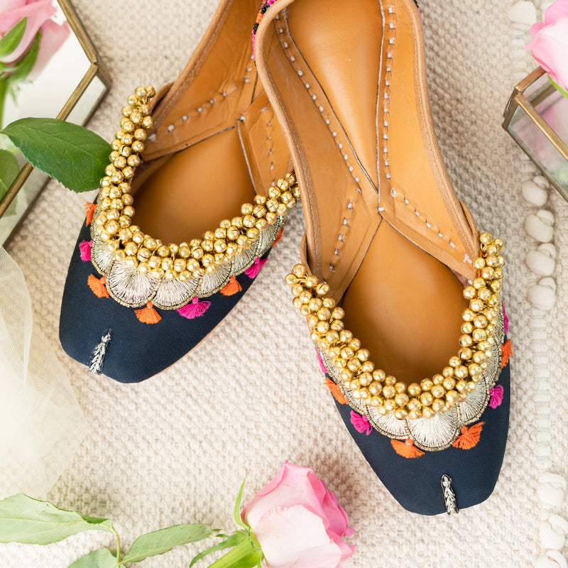 Navy Blue Embroidered Ghungroo Jutti