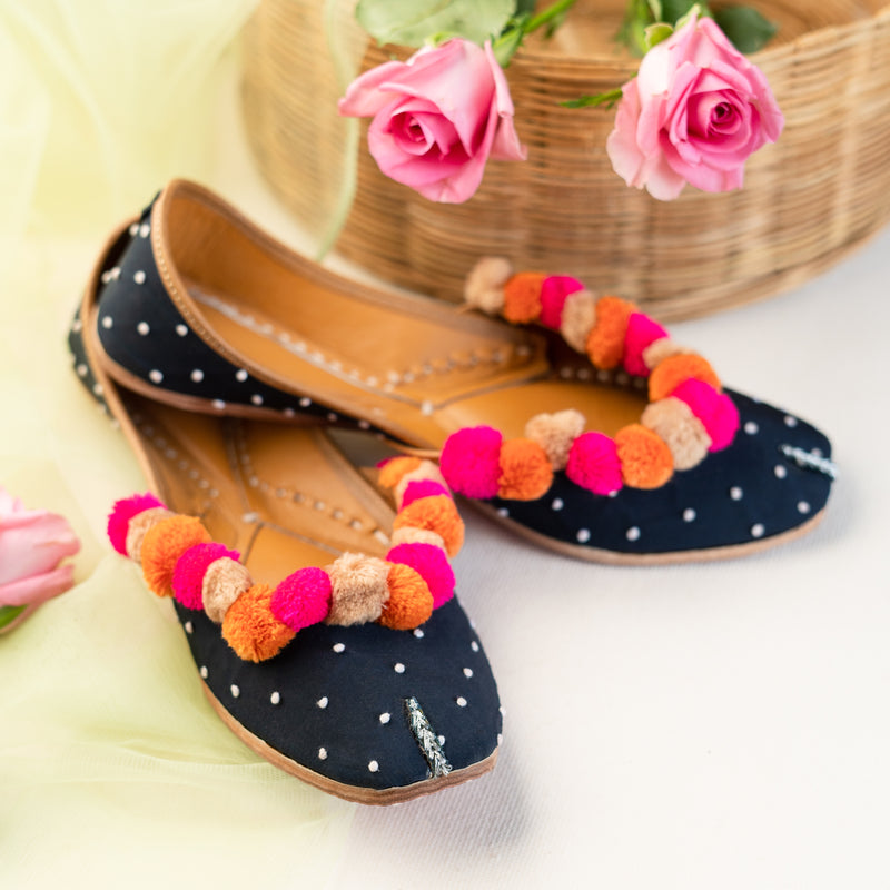 Navy Blue Pompom Jutti with Knot Detailing