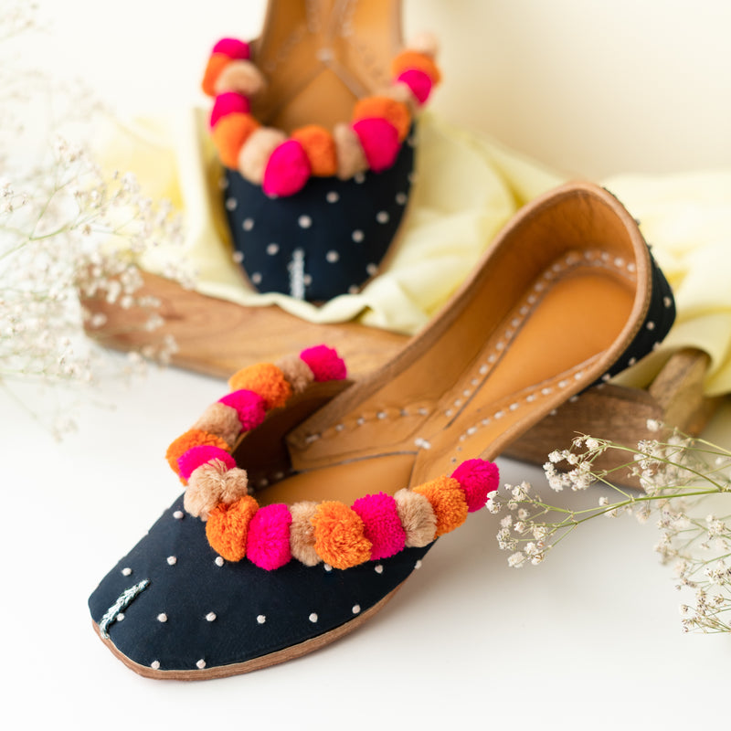 Navy Blue Pompom Jutti with Knot Detailing