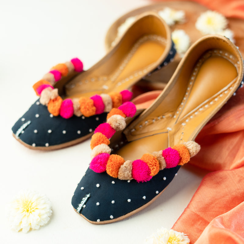 Navy Blue Pompom Jutti with Knot Detailing