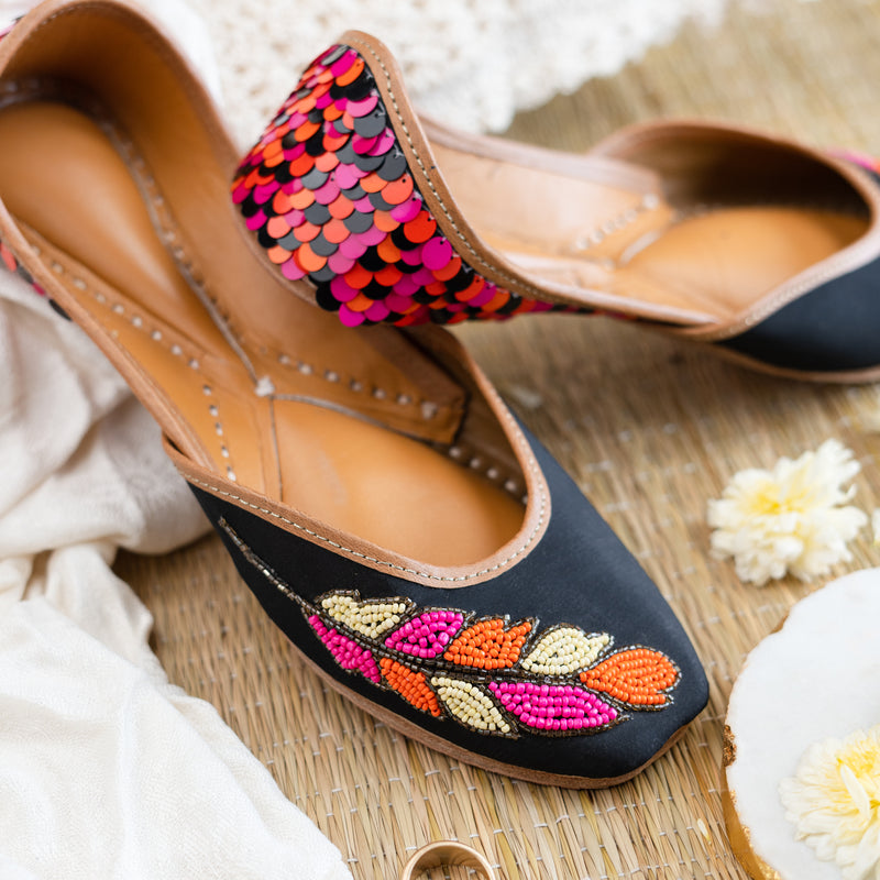 Buy Black Sequins and Beaded Leaf Jutti Rustorange