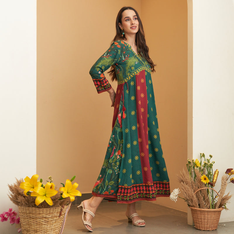 Green & Maroon V Neck Flared Dress