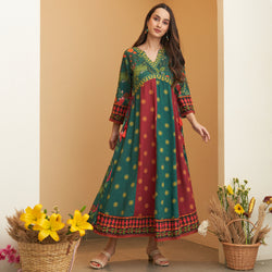 Green & Maroon V Neck Flared Dress