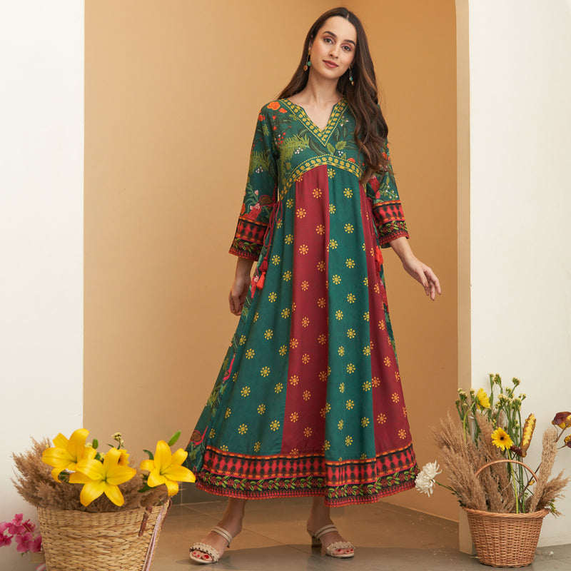 Green & Maroon V Neck Flared Dress