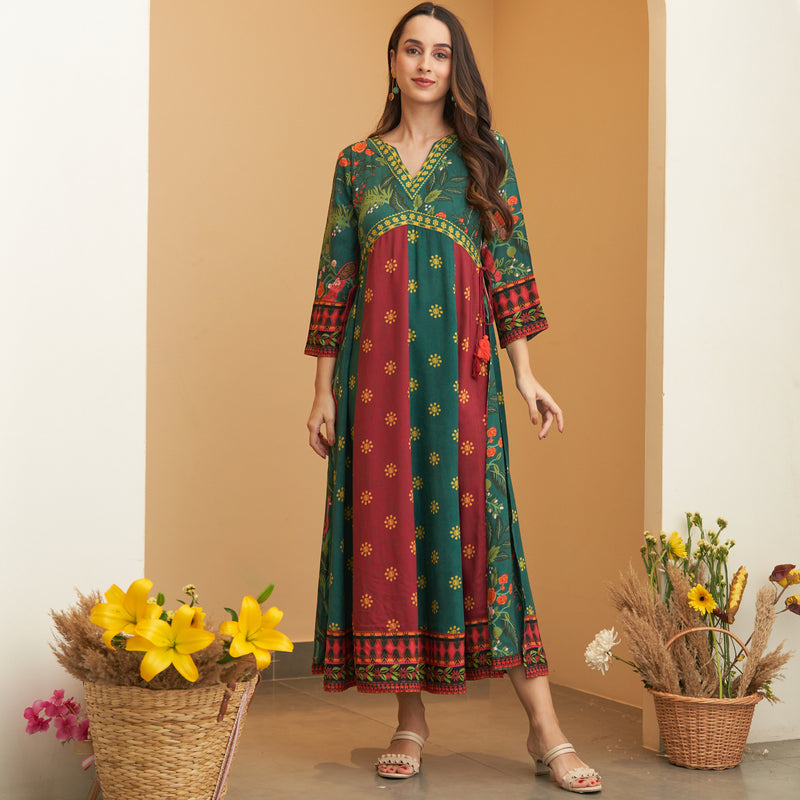 Green & Maroon V Neck Flared Dress