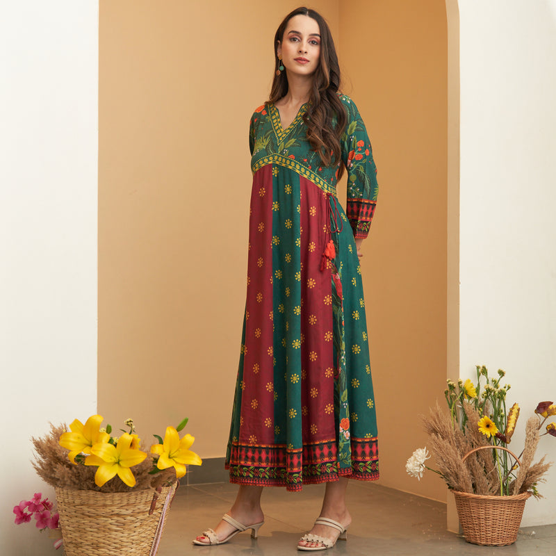 Green & Maroon V Neck Flared Dress