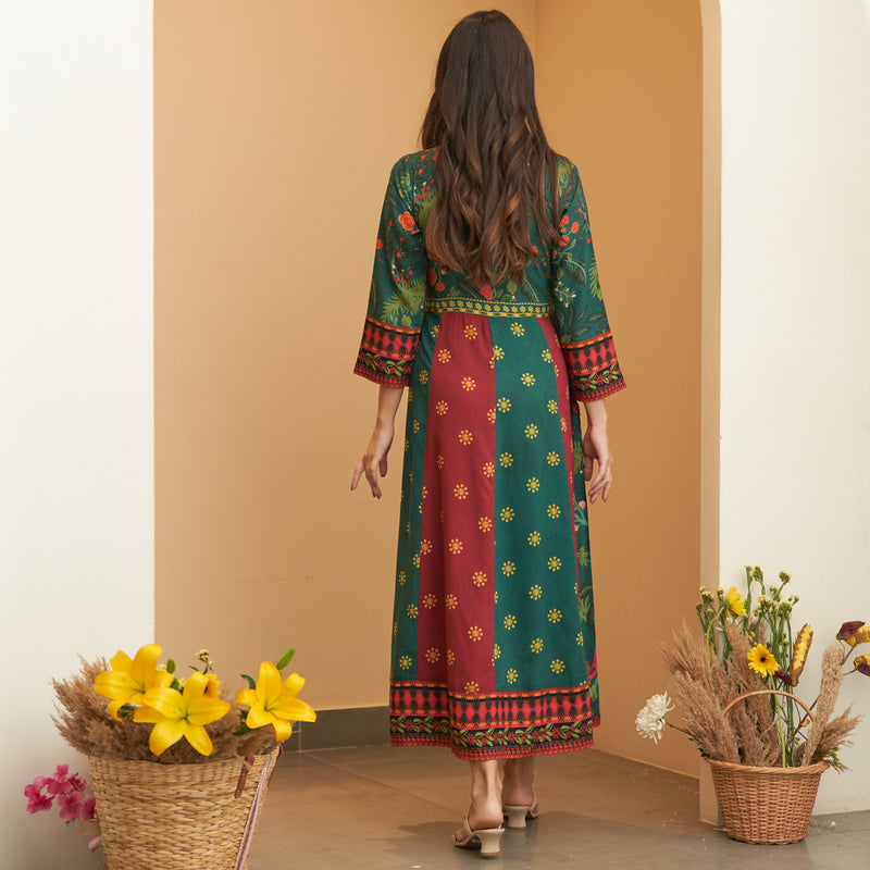 Green & Maroon V Neck Flared Dress